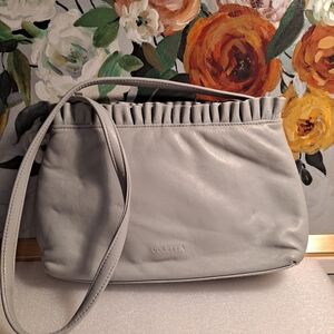Coletta Pale Gray Vintage Leather Shoulder Bag W/Ruffled Top & Floral Liner